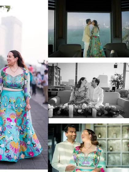 A collection of moments from their Marine Drive shoot, showcasing her stunning, colorful lehenga and their joyful interactions, from rooftop portraits to a walk by the sea.