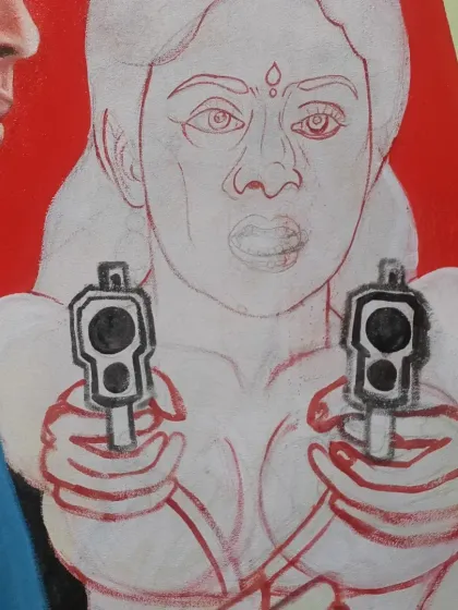 Focusing on the fine details of the pistols. Even small elements are given full attention to maintain the authentic look of the original poster.