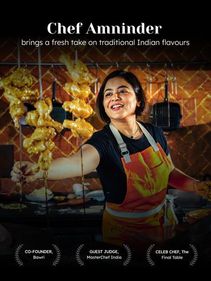 A promotional graphic for our collaboration with the celebrated Chef Amninder Sandhu, known for her fresh take on traditional Indian flavors and appearances on MasterChef India.