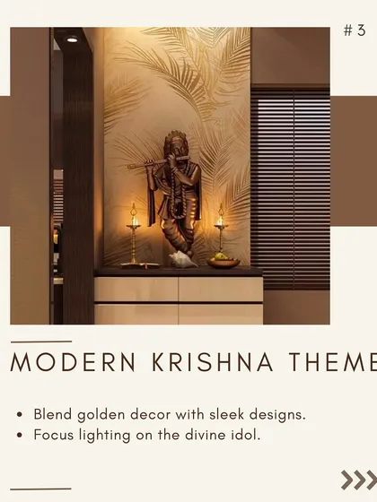 This modern Krishna-themed puja unit blends sleek design with divine elements. The golden decor and leaf-patterned wallpaper are illuminated by focus lights, drawing attention to the beautiful idol.