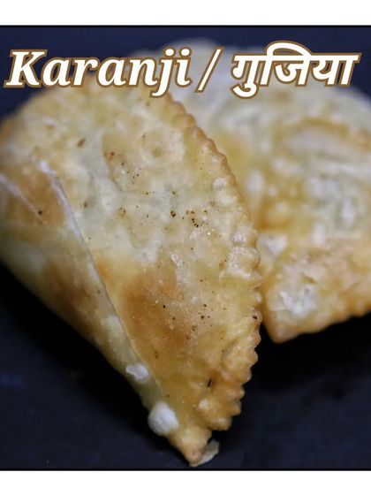Karanji, also known as Gujiya, is a sweet fried pastry filled with coconut, mawa, and dry fruits. It is an essential part of my Diwali and Holi menu, and each one is shaped by hand.