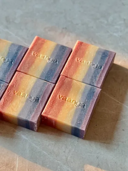 Our Rainbow Soaps are a celebration of color and scent. We carefully layer each of the seven VIBGYOR hues, ensuring every bar is a unique work of art.