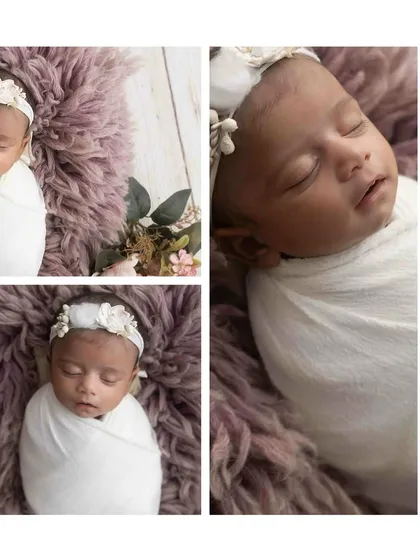 A collage of a peacefully sleeping newborn, swaddled in white against a soft lavender fur. This shows different angles and crops from a single setup.