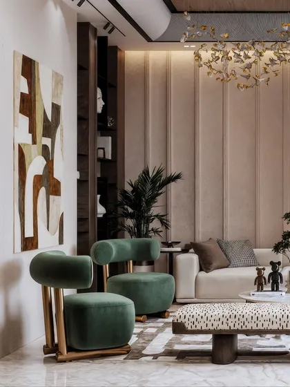 This view introduces bold green accent chairs, showing how I can visualize pops of color to energize a space. The abstract art and sculptural furniture create a curated, artistic feel.
