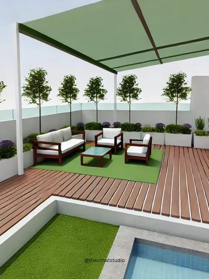 I love turning underutilized terraces into beautiful, functional outdoor living areas. This rooftop garden design incorporates a wooden deck, comfortable seating under a pergola, and lush greenery to create a perfect private escape for relaxation or socializing.