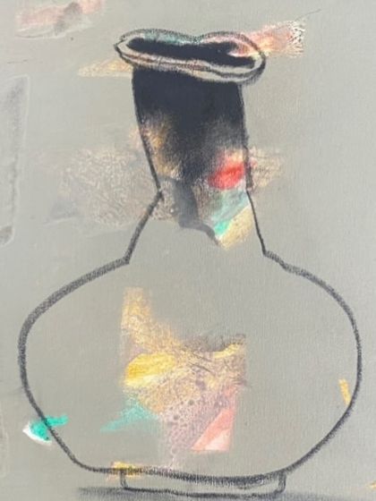 A detailed view of the still life vase by contemporary artist Samir Aich. The abstract background and simple outline of the vase create a modern and sophisticated composition, which was featured in our no-reserve sale.