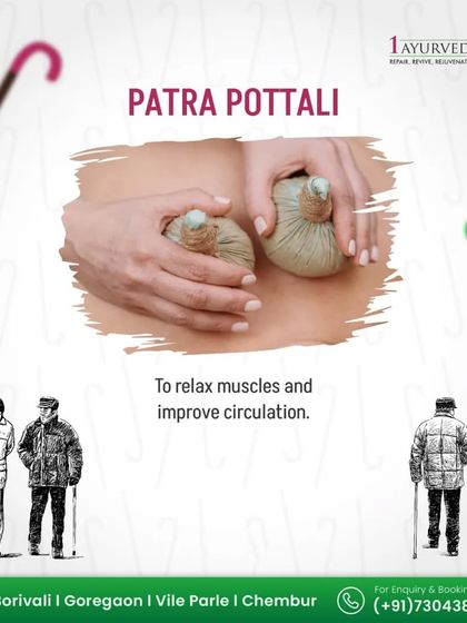 Patra Pottali Sweda is a therapeutic massage using poultices filled with medicinal leaves. This treatment is excellent for relaxing muscles, improving circulation, and alleviating pain and stiffness in conditions like arthritis and spondylosis.
