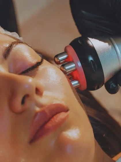 A close-up of our non-invasive Radio Frequency facial in action. This treatment uses gentle heat therapy to warm the deeper layers of your skin, boosting collagen production. The result is firmer, smoother, and more lifted skin over time, helping to restore a natural, youthful contour.