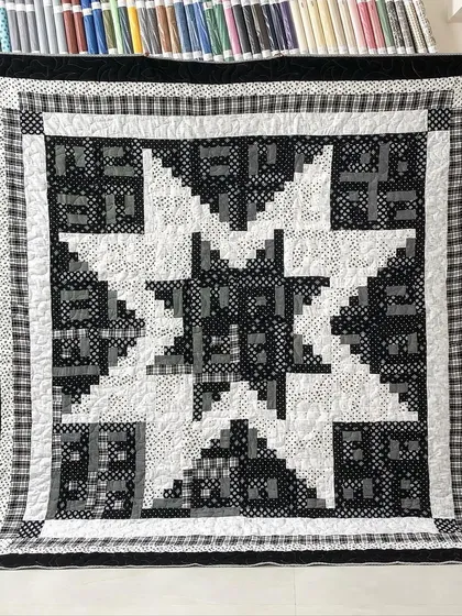 A Log Cabin Star quilt in a striking black, white, and grey color scheme.