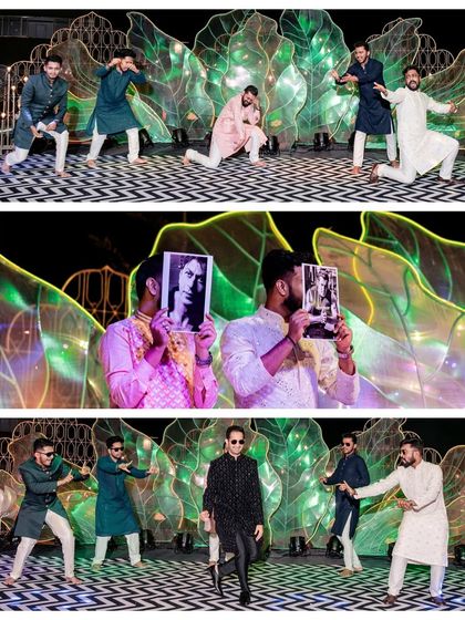 A collage showing the groomsmen's hilarious and energetic dance performance, a memorable highlight of any Sangeet.