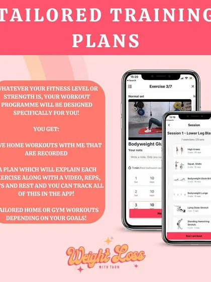 My tailored training plans are designed for your fitness level and goals. You get live home workouts with me, plus detailed gym or home programs with video explanations.