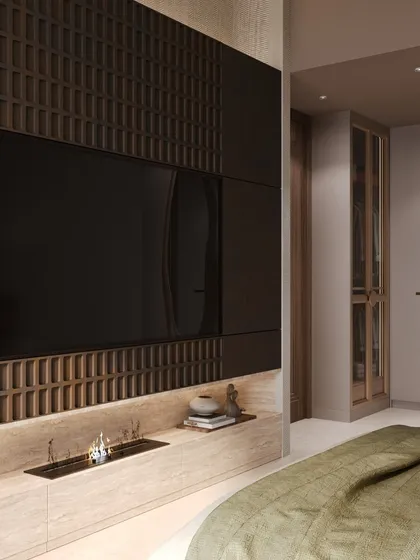 Another angle of the media wall, revealing the entrance to the walk-in closet. The entire room is a masterclass in layering textures and materials.