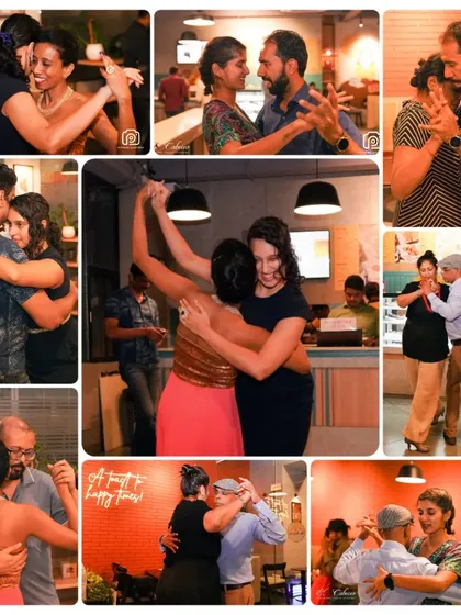 A collage from one of our anniversary Milongas, our monthly social dance parties. You can see the joy and connection shared between dancers of all levels, celebrating together as a community.