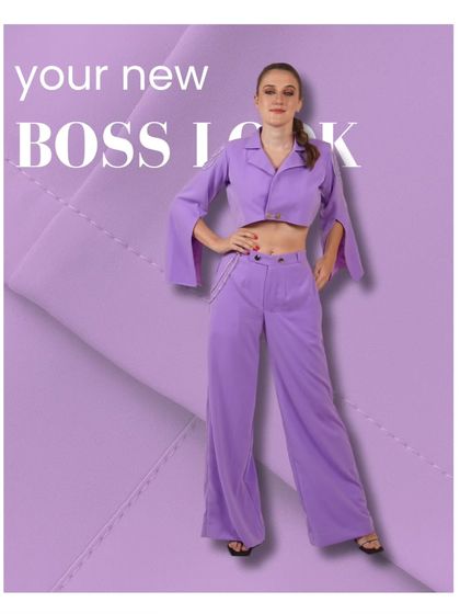 Your new boss look. This graphic features a chic lilac co-ord set with a cropped blazer and wide-leg pants.