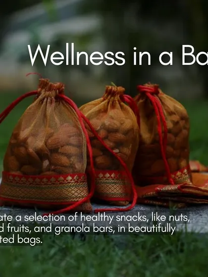 An idea for wedding favors from our blog: "Wellness in a Bag," featuring healthy snacks like nuts and dried fruits.