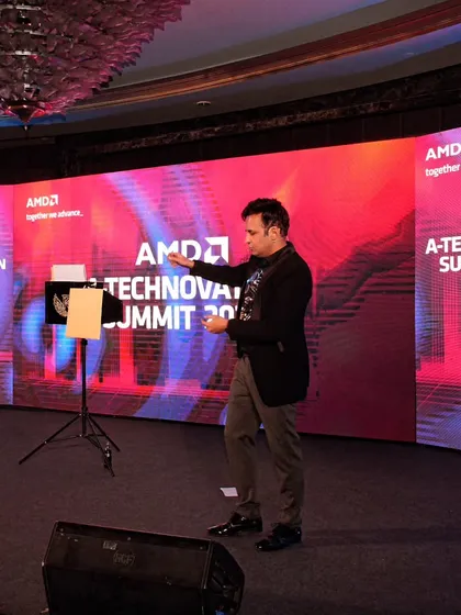 A wide shot of my performance for AMD. The scale of the stage and screen adds to the impact of the show.