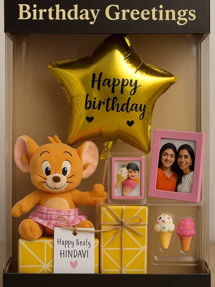 A birthday surprise that brings back childhood memories. This Tom & Jerry themed gift box includes a Jerry plush toy, personalized photo frames, and a star-shaped birthday balloon, making it a perfect gift for a sibling or a fan.