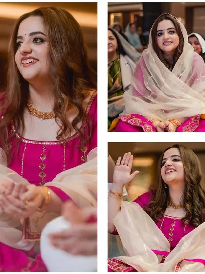 A collage of beautiful bridal moments during the Mata ki Chowki. Her expressive face shows joy, devotion, and happiness as she participates in the pre-wedding prayers.