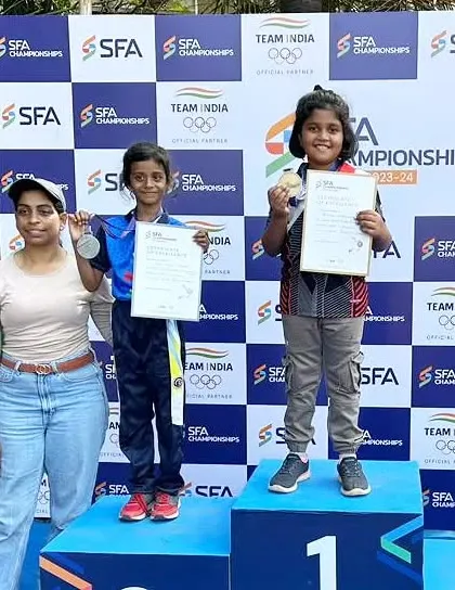 The winners' podium for the U-10 girls category at the SFA Championships, with our archer taking the gold.