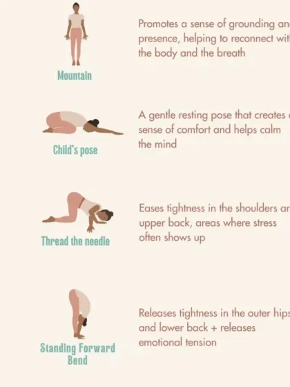 This sequence includes poses like Mountain, Child's Pose, and Thread the Needle to ease tightness in the shoulders and back, where stress often accumulates.
