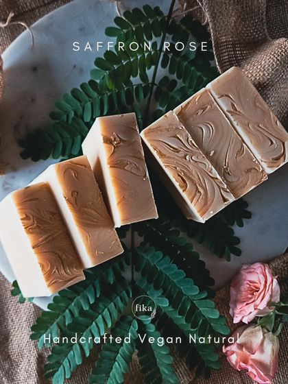 My Saffron & Rose soap bar is a skin-loving powerhouse. I use pure Kashmiri saffron to brighten and even skin tone, while a rich blend of plant-based oils and shea butter provides deep hydration.