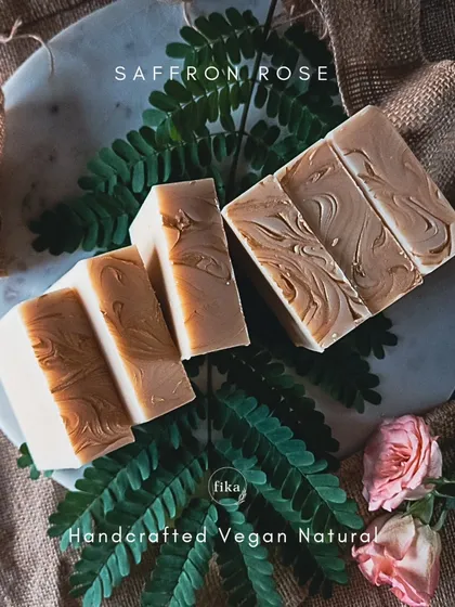My Saffron & Rose soap bar is a skin-loving powerhouse. I use pure Kashmiri saffron to brighten and even skin tone, while a rich blend of plant-based oils and shea butter provides deep hydration.