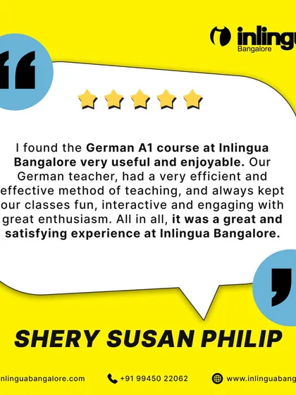 This review from Shery Susan Philip highlights the enjoyable and effective experience of our German A1 course. We pride ourselves on our enthusiastic teachers and interactive methods that make learning a new language a satisfying journey for our students.