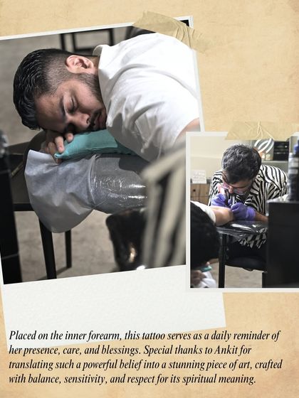 "Placed on the inner forearm, this tattoo serves as a daily reminder of her presence, care, and blessings." A client at peace during his meaningful tattoo session.