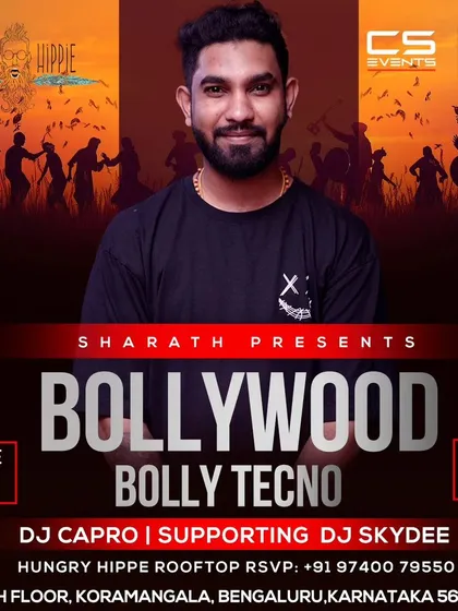 A poster for a 'Bollywood Bolly Techno' night at Hungry Hippie, highlighting my signature sound.