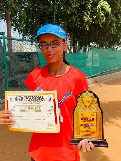 Another victory for our trainee Khushi Sharma, seen here with her winner's trophy and AITA National Ranking Championship certificate.