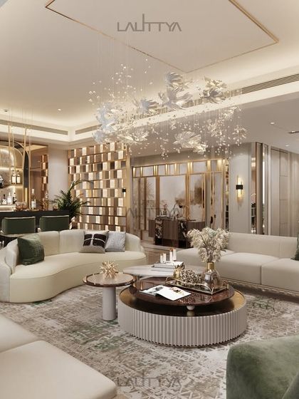 An immersive symphony of design and elegance. This living space redefines contemporary luxury with sculptural lighting, artfully crafted bespoke furniture, and a dynamic bar area framed by organic textures and golden accents.