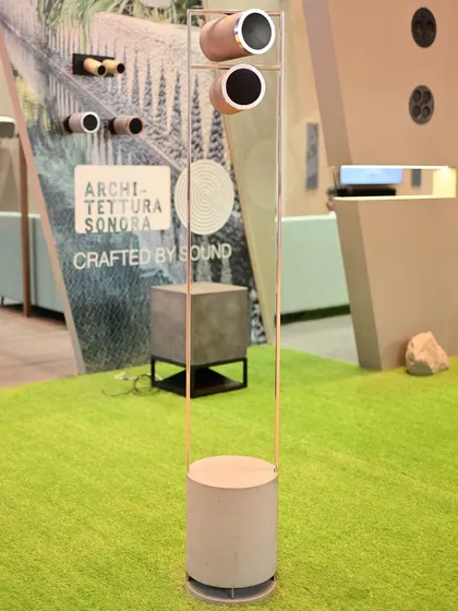 The Icarus stand-alone speaker, showcased here in an exhibition setting, is designed for any acoustic need, from living spaces to outdoor patios. Its elegant form factor proves that powerful sound can come in a beautiful package.