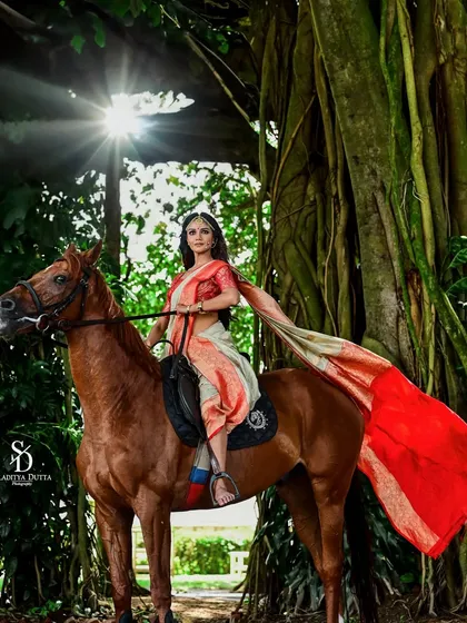 This editorial shot for Calcutta Times combines fashion with a sense of grandeur. The image of actress Sauraseni Maitra on horseback creates a dramatic, almost cinematic narrative, showcasing how I blend location and styling to tell a story.