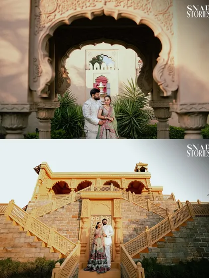 A grand, architectural pre-wedding shoot that feels like a scene from a movie. We work with couples to find stunning locations that reflect their style, creating epic and artistic portraits.