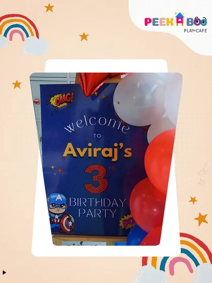 Welcome to the party. We create personalized welcome signs for every birthday, like this one for Aviraj's 3rd birthday, to make guests feel special from the moment they arrive.