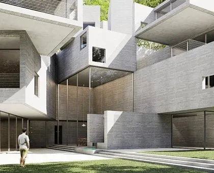 A 3D render exploring the 'Tetris' concept for an upcoming residence in Delhi. The design is an agglomeration of interlocking concrete blocks, creating a complex interplay of solid and void, interior and exterior spaces.