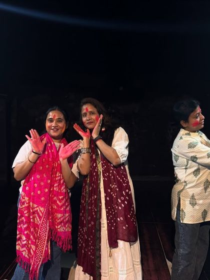 Our adult students having a blast during our Holi celebration, playing with colors and dancing.