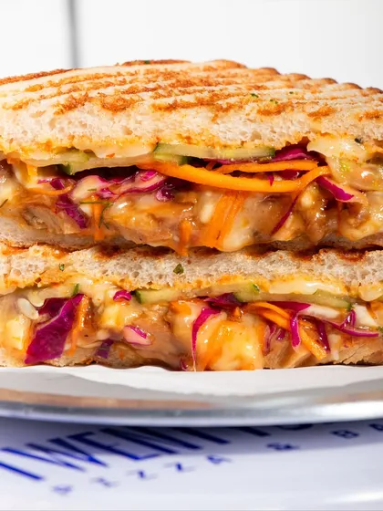 Another angle of the Togarashi Chicken Melt, highlighting the beautiful grill marks on my Milk & Honey Loaf.