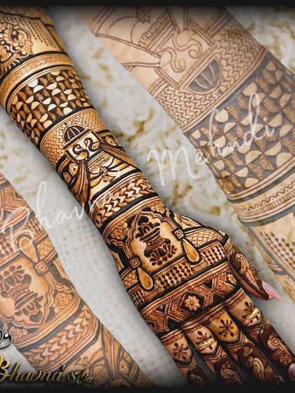 A creative collage of a bridal back hand design. This image highlights the different sections of the intricate pattern, including the 'kalash' and initials.