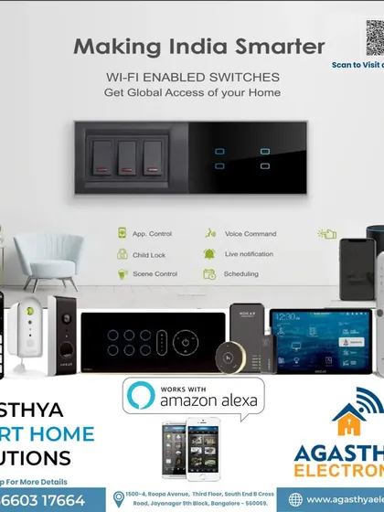 We use state of the art hardware that blends seamlessly into your home's decor. This image showcases some of the products we install, including Wi-Fi enabled touch switches, smart locks, and voice control hubs that work with Amazon Alexa.