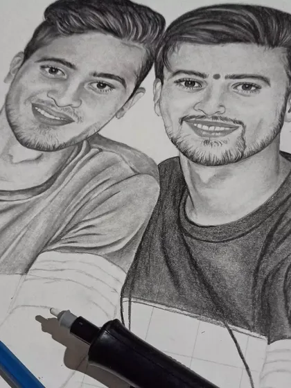 An in-progress photo of the sketch of the two men, with my drawing tools visible. It shows the artwork taking shape on the drawing board.