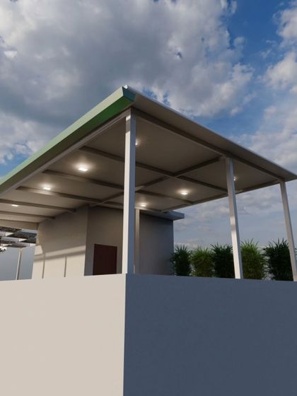 This 3D render focuses on a practical puff sheet pergola design, ideal for providing complete shade and protection from the elements. The simple yet sturdy design is perfect for creating a usable all-weather outdoor area.