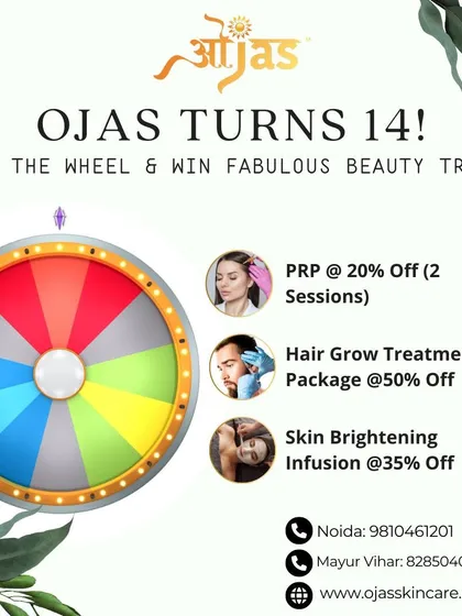Ojas turns 14. To celebrate, we are offering fabulous beauty treats when you spin the wheel at our clinic, including discounts on PRP, Hair Grow Treatments, and Skin Brightening Infusions.