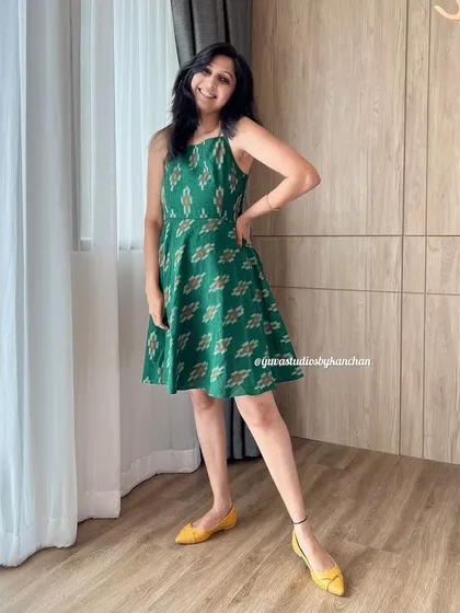 My spaghetti flared dress in a gorgeous green Ikat. This is the perfect summer dress, designed to be light, airy, and effortlessly stylish.