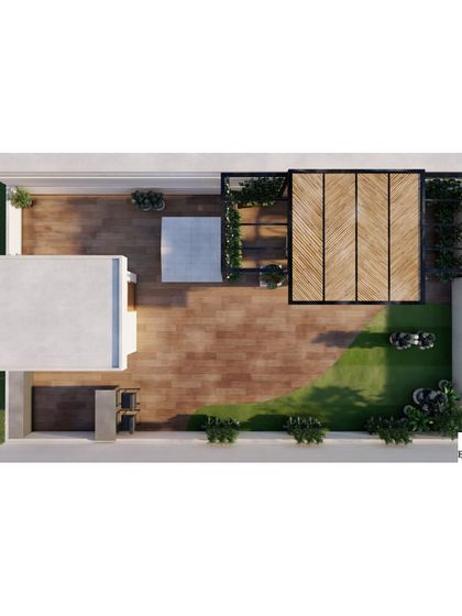 This top-down 3D render provides a clear architectural layout of a proposed terrace design. It helps in planning the functional flow of the space, showing the relationship between the seating area, green lawn, and barbecue station.