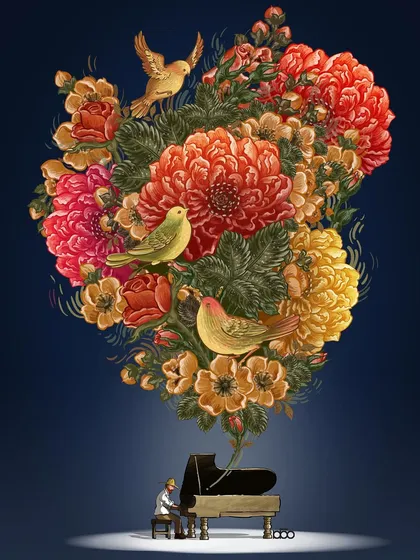 A surreal image where a grand piano blossoms into a huge bouquet of flowers. The letter expresses a fear of music and the powerful, unpredictable memories it can unlock.