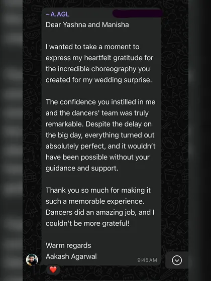 "The confidence you instilled in me and the dancers' team was truly remarkable." A heartfelt message from a groom for whom we planned a grand surprise.