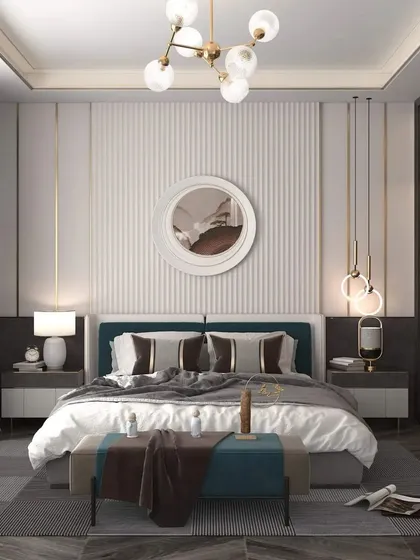 This contemporary bedroom showcases a mix of textures, with a fluted wall behind the bed, gold metal accents, and a stylish pendant light. The design includes a large mirror and a built-in wardrobe with a dark finish.