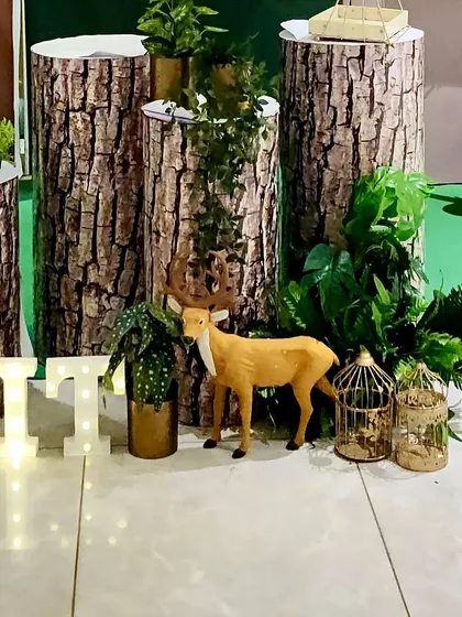 Themed props like a small deer figure, golden birdcages, and lush greenery placed around the light-up 'DIVIT' marquee letters.
