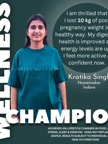 Kratika lost 10 kg of post-pregnancy weight in 3 months, resolving fatigue and hair fall by focusing on balanced nutrition and self-care.